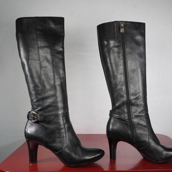 Women's Anne Klein Black Leather Knee High Heel Long Fashion Boots 7 - Picture 6 of 10